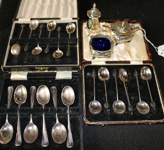 Two sets of silver bean end coffee spoons, six rat-tail pattern teaspoons (all cased) & a GV silver 3-pce condiment set